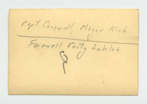 A farwelll party in Zahleh, Lebanon (Captain Carswell and Major Kirk). Verso
