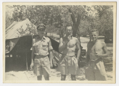 Arthur Howe, Jr. in front of his tent with Charles Beach Powell and Hugh White near Tripoli. Recto